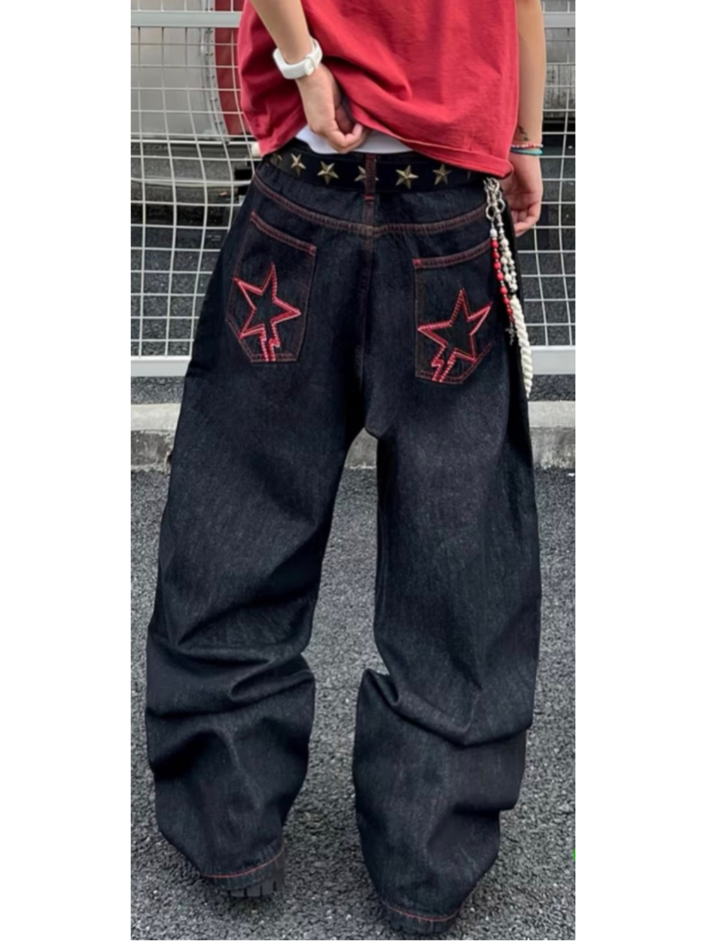 NEW MENS Loose fit Black Jeans Streetwear Wide Leg L 34/29